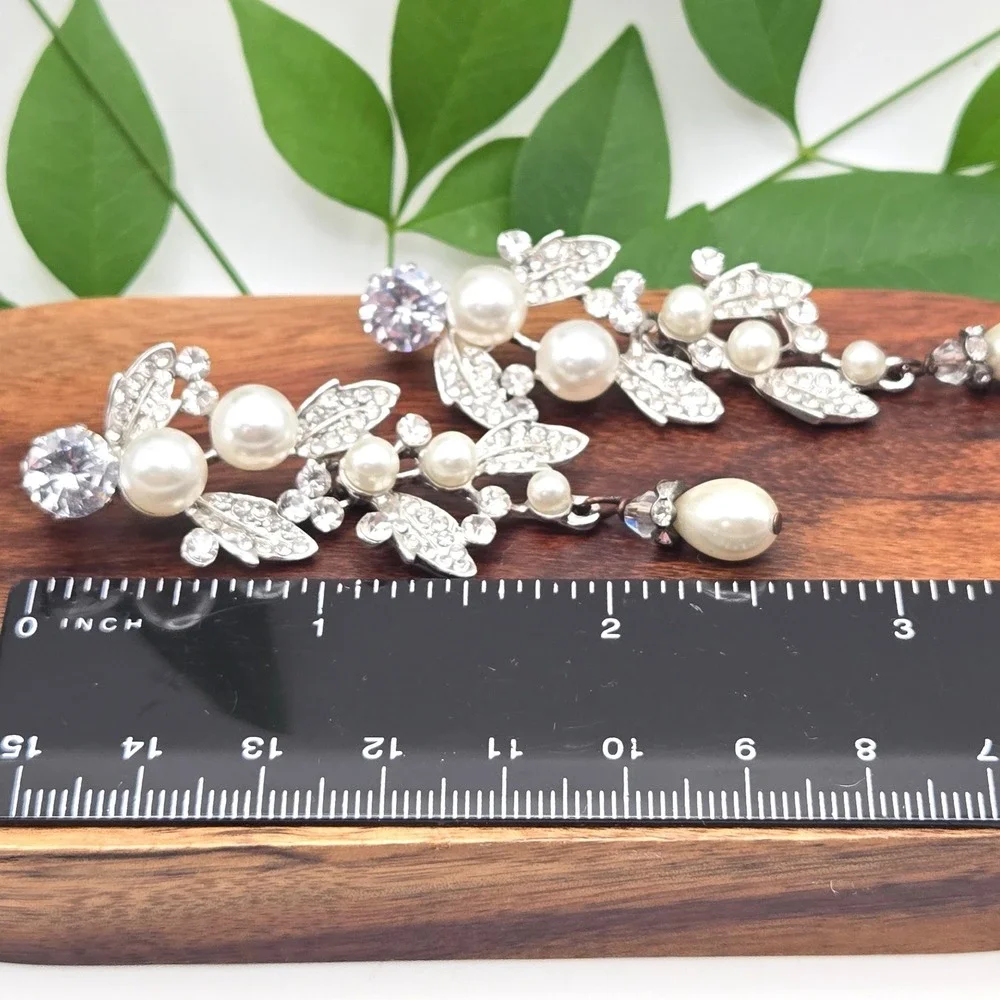 Silver Tone Faux Pearl Rhinestone Leaf Vine Chandelier Drop Statement Earrings